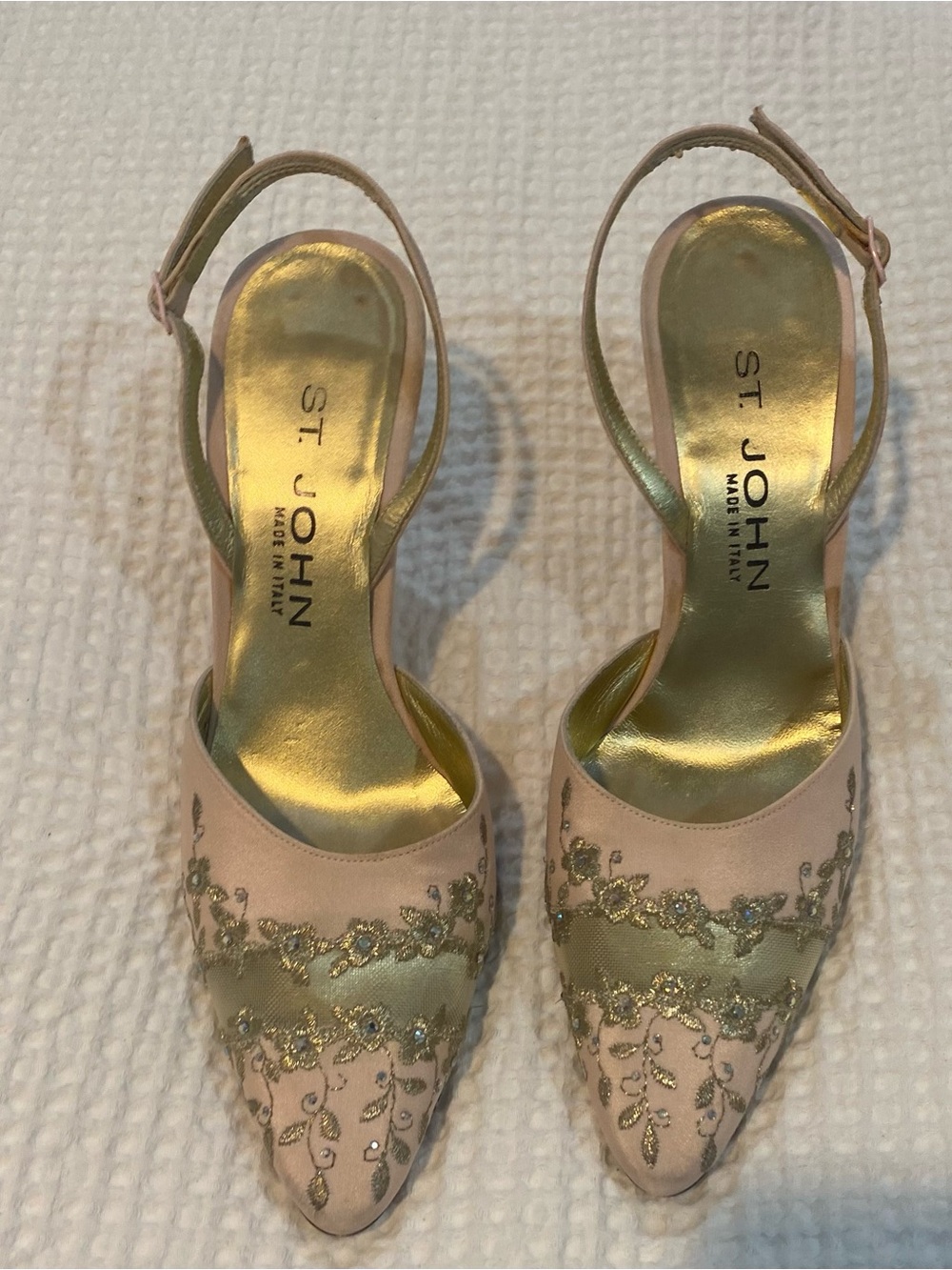 St. John Pink and Gold Embroidered Slingback Heels